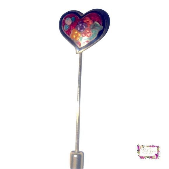 Vintage Heart Shaped Cloisonné Floral & Butterfly Stick Pin - Picture 7 of 14